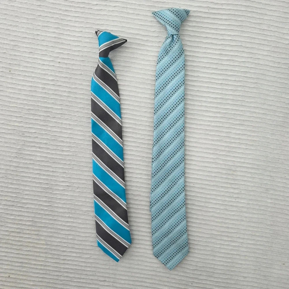 Boys Clip On Necktie Set of 2 Turquoise Grey Stripe Light Blue Dotted RN 29526